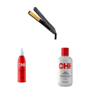 CHI Original Ceramic Hair Straightening Flat Iron |Professional Salon Model Hair Straightener & 44 Iron Guard Thermal Protection Spray, Clear, 8 Fl Oz & INFRA Silk Infusion, 6 Fl Oz