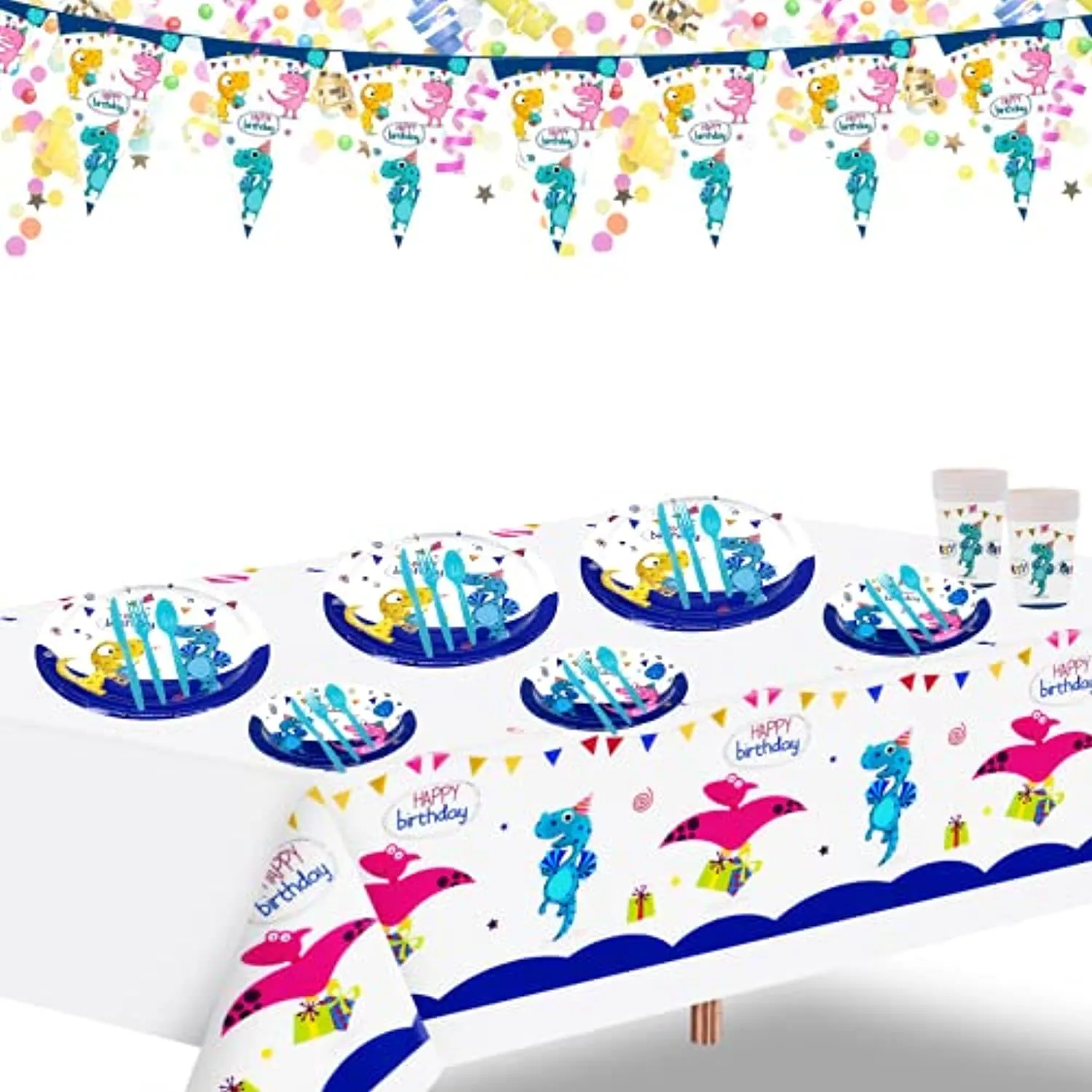 Chooling Dinosaur Birthday Party Supplies Set for Daughter Son- Dinosaur Themed Party for Birthday Decoration-Disposable Paper Plates, Tableware,Cups, Napkins, Plastic Table Cloth, Banner Serves 16 Guests