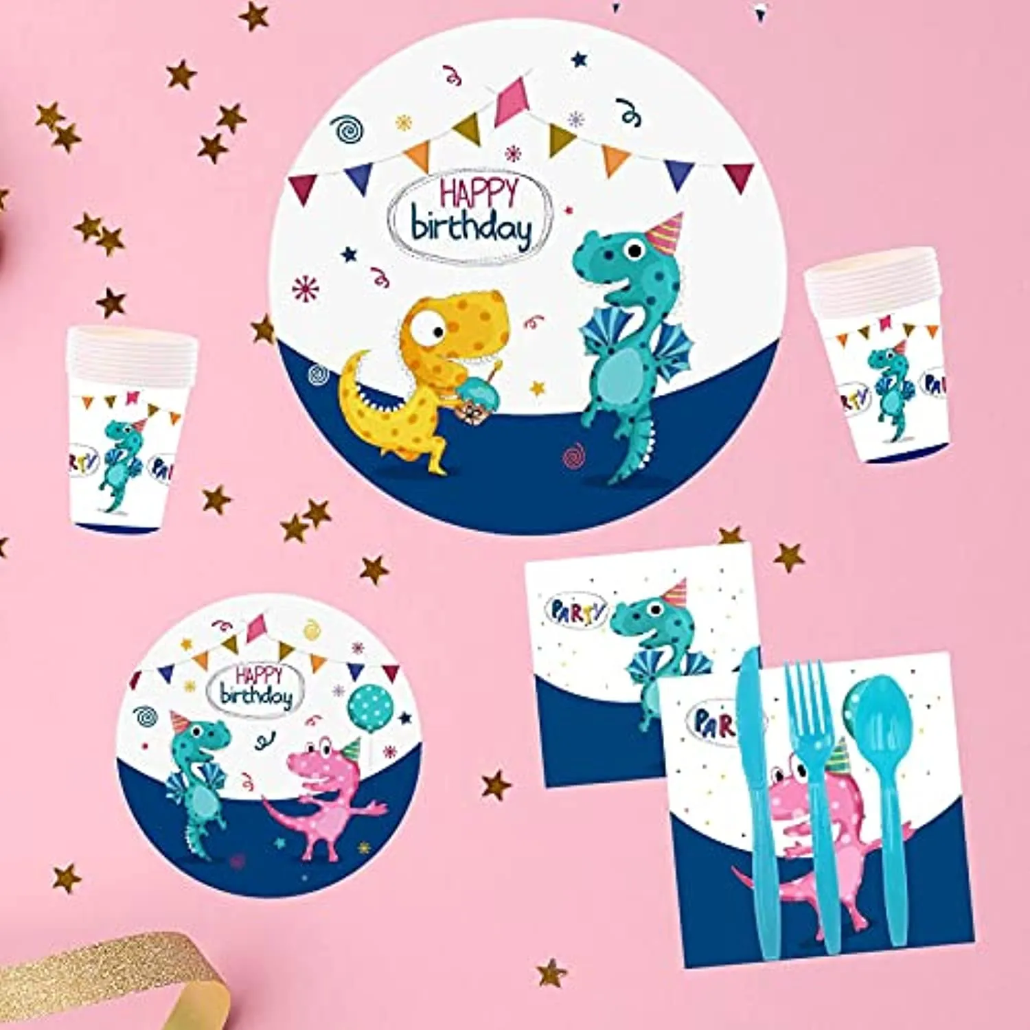 Chooling Dinosaur Birthday Party Supplies Set for Daughter Son- Dinosaur Themed Party for Birthday Decoration-Disposable Paper Plates, Tableware,Cups, Napkins, Plastic Table Cloth, Banner Serves 16 Guests