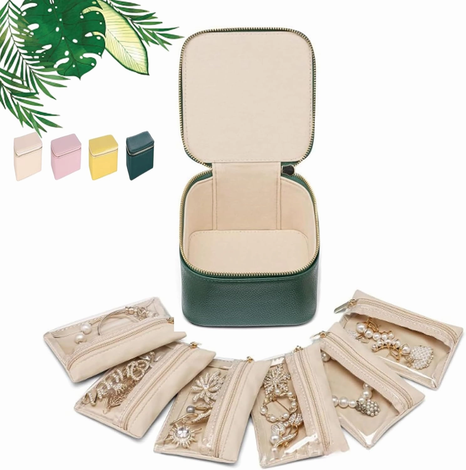 Circulatne Travel Jewelry Box Organizer with 6 Velvet Pouches,Portable PU Leather Jewelry Organizer Box, Large Capacity Waterproof for Storage Earring/Ring/Necklace/Bracelet (Dark Green)