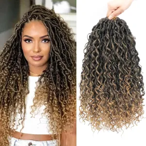 Col Bling 14 Inch 8 Packs Goddess Locs Crochet Hair Ombre Faux Locs Crochet Hair for Women Pre Looped Boho River Locs Hair with Curly Ends Synthetic (#T27)