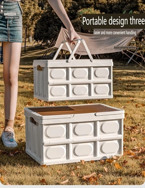 Collapsible Storage Box with Wooden Lid, Portable Folding Crate with Handles, Multi-Purpose Camping Table, White (Ivory white, medium16.5 * 11.22 * 9.25IN)