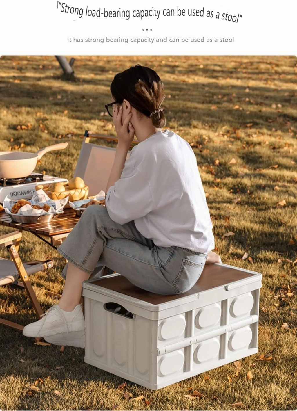 Collapsible Storage Box with Wooden Lid, Portable Folding Crate with Handles, Multi-Purpose Camping Table, White (Ivory white, medium16.5 * 11.22 * 9.25IN)