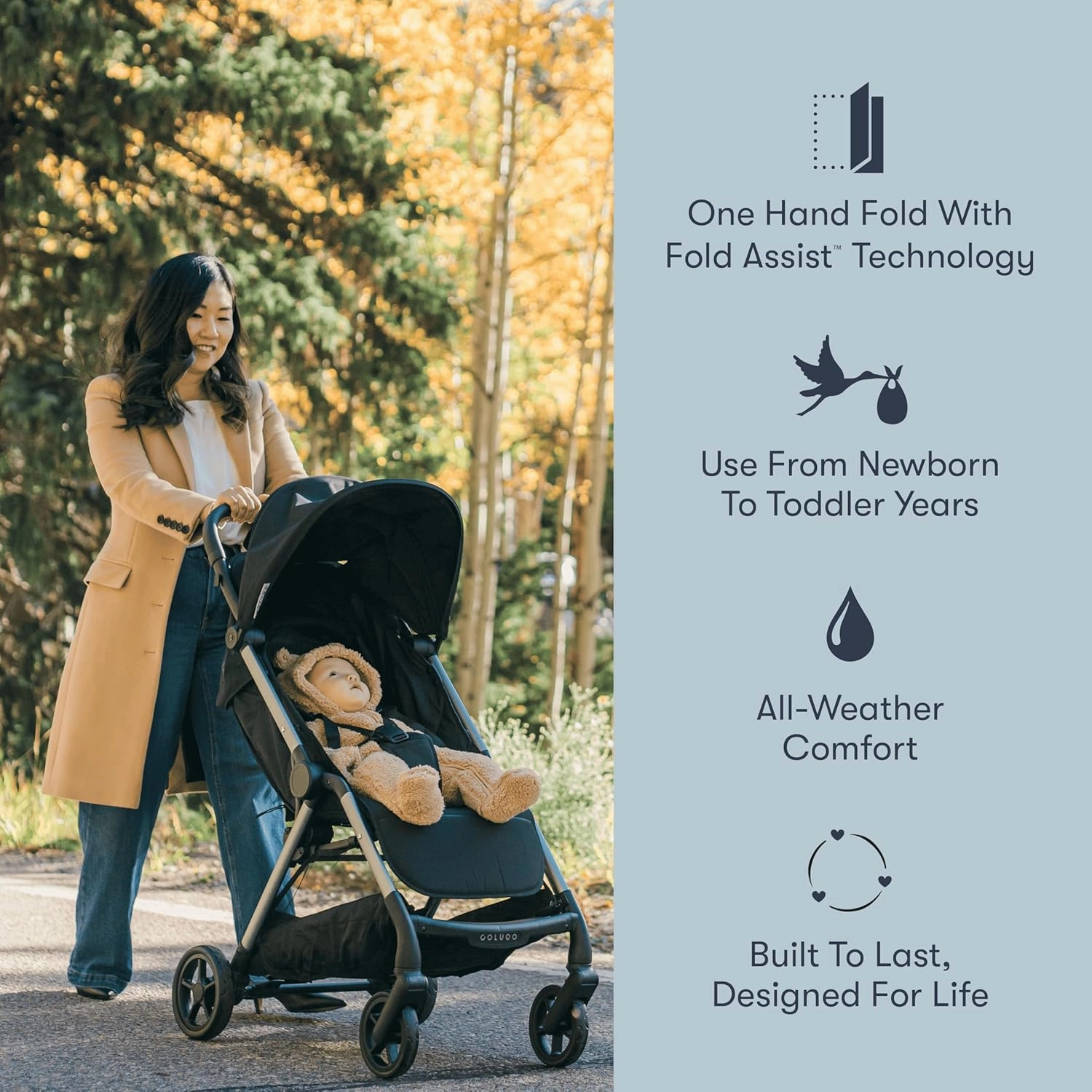 Colugo The One Stroller - Lightweight Easy Fold Compact Toddler and Baby Stroller for Travel, Large Storage Basket, One Hand Fold, Includes Raincover, Bumper Bar, Cupholder (Cool Grey)