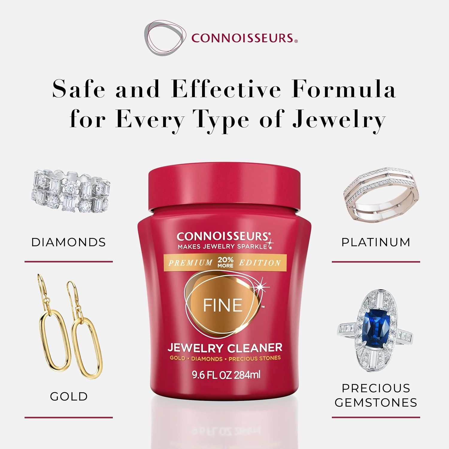CONNOISSEURS Premium Edition Jewelry Cleaner, Value Size 9.6oz - Pick from Fine, Silver or Delicate Jewelry Cleaner