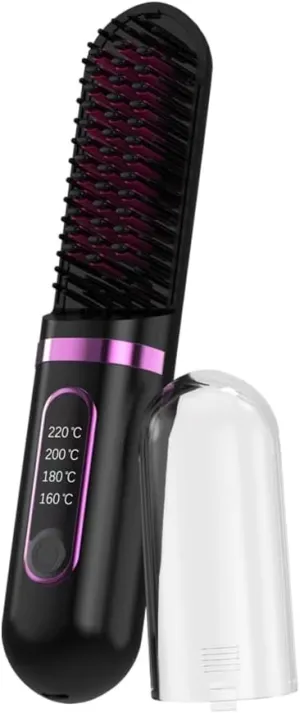 Cordless Hair Straightener Brush, Portable Straightening Brush for Women, Mini Negative Ion Hot Comb for Travel, 30Mins Auto-Off, USB Rechargeable, Fast Heating 4 Temperature Settings (Black)