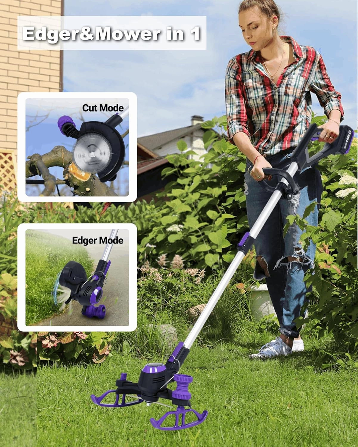 Cordless Weed Wacker with Brushless Motor - 5.2lbs Lightweight 3-in-1 Edger for Small Yards, 60Min Runtime & Fast Charge (2.5Ah Battery and Charger Included)