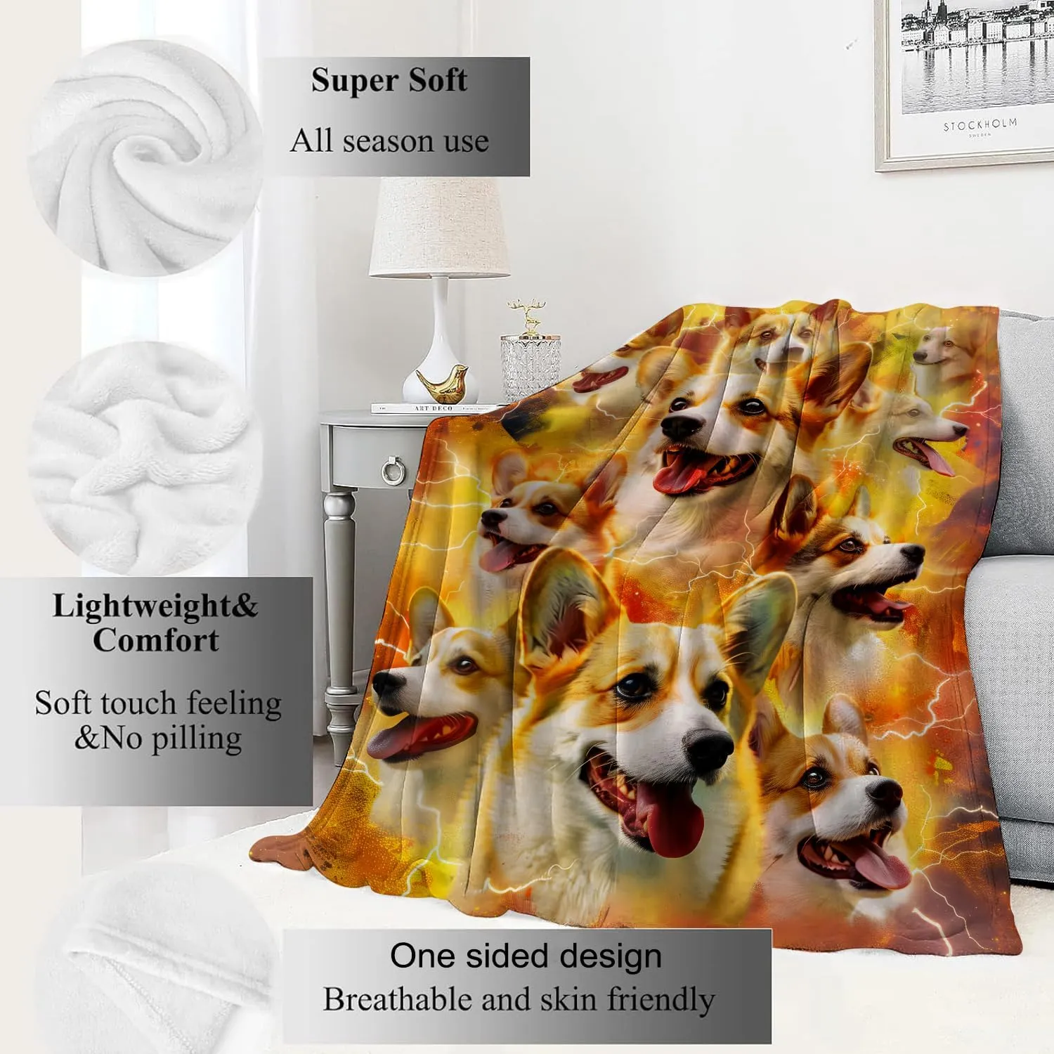 Corgi Power Blanket Fiery Energetic Puppy Dog Throw Blankets,Birthday Gifts for Kids Adult & Pet Lovers,Lightweight Soft Fleece,for Sofa Couch Bed Room Modern Decor 40x50in