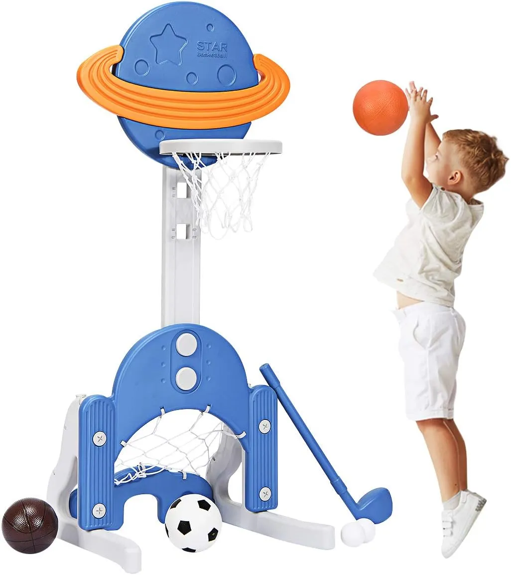 Costzon Kids Basketball Hoop, Toddler Sports Activity Center w/ 5 Adjustable Height Levels, Basketball Soccer Golf Game Set, Indoor Outdoor Basketball Hoop Set Best Gift for Baby Infant Blue Galaxy