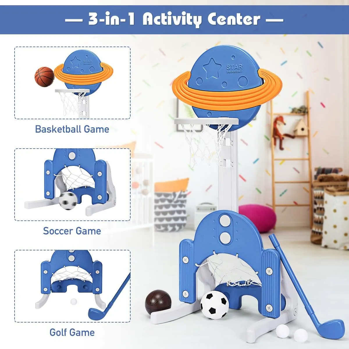 Costzon Kids Basketball Hoop, Toddler Sports Activity Center w/ 5 Adjustable Height Levels, Basketball Soccer Golf Game Set, Indoor Outdoor Basketball Hoop Set Best Gift for Baby Infant Blue Galaxy