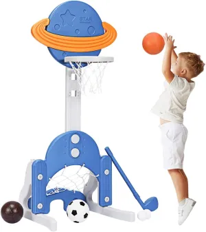 Costzon Kids Basketball Hoop, Toddler Sports Activity Center w/ 5 Adjustable Height Levels, Basketball Soccer Golf Game Set, Indoor Outdoor Basketball Hoop Set Best Gift for Baby Infant Blue Galaxy