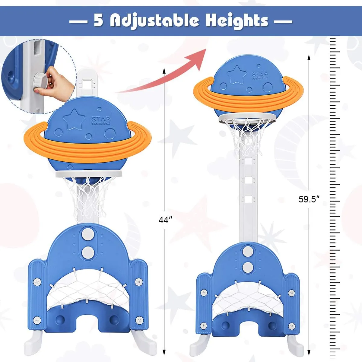 Costzon Kids Basketball Hoop, Toddler Sports Activity Center w/ 5 Adjustable Height Levels, Basketball Soccer Golf Game Set, Indoor Outdoor Basketball Hoop Set Best Gift for Baby Infant Blue Galaxy