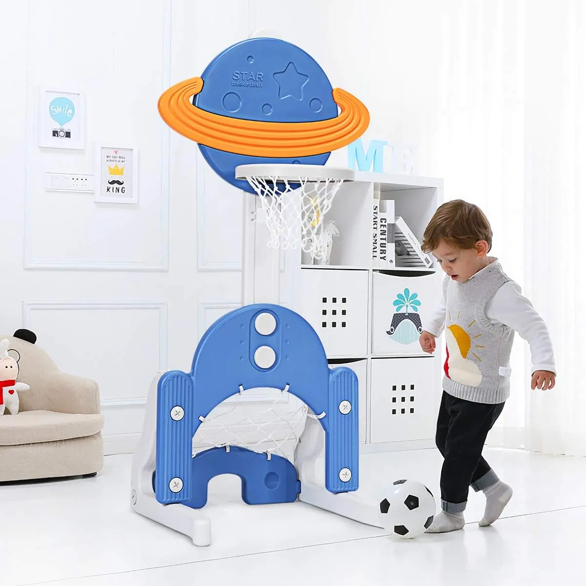 Costzon Kids Basketball Hoop, Toddler Sports Activity Center w/ 5 Adjustable Height Levels, Basketball Soccer Golf Game Set, Indoor Outdoor Basketball Hoop Set Best Gift for Baby Infant Blue Galaxy