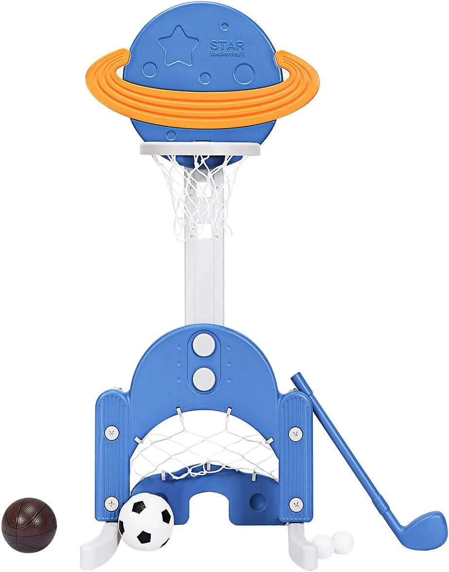 Costzon Kids Basketball Hoop, Toddler Sports Activity Center w/ 5 Adjustable Height Levels, Basketball Soccer Golf Game Set, Indoor Outdoor Basketball Hoop Set Best Gift for Baby Infant Blue Galaxy