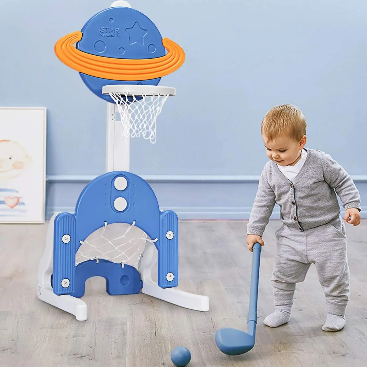 Costzon Kids Basketball Hoop, Toddler Sports Activity Center w/ 5 Adjustable Height Levels, Basketball Soccer Golf Game Set, Indoor Outdoor Basketball Hoop Set Best Gift for Baby Infant Blue Galaxy