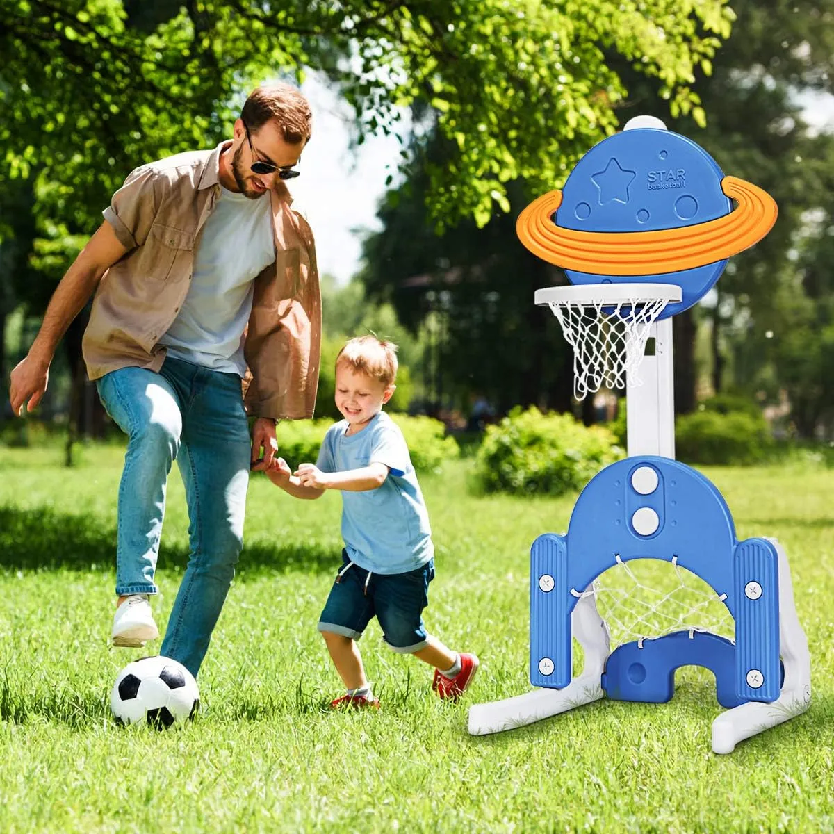 Costzon Kids Basketball Hoop, Toddler Sports Activity Center w/ 5 Adjustable Height Levels, Basketball Soccer Golf Game Set, Indoor Outdoor Basketball Hoop Set Best Gift for Baby Infant Blue Galaxy