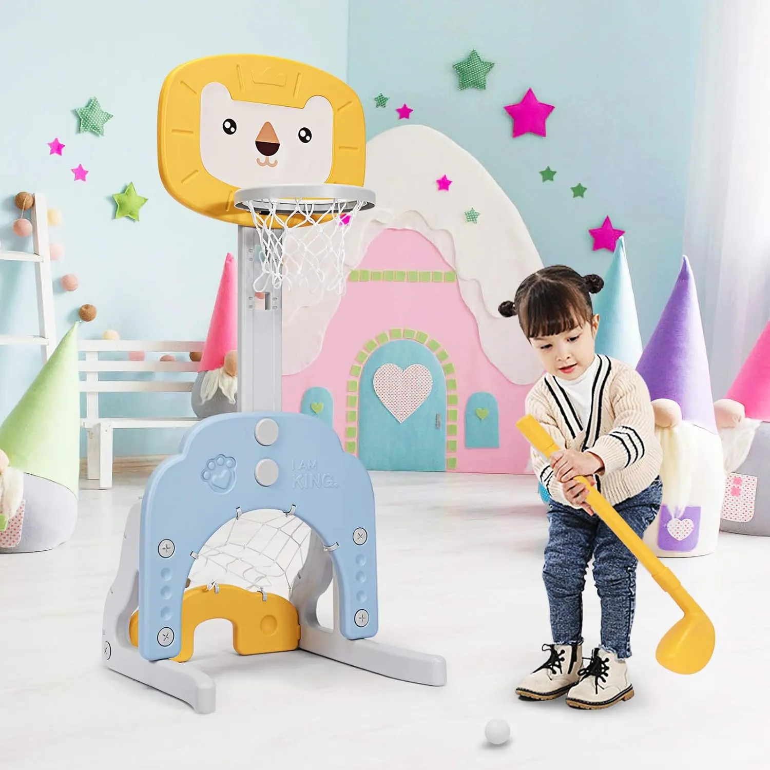 Costzon Kids Basketball Hoop, Toddler Sports Activity Center w/ 5 Adjustable Height Levels, Basketball Soccer Golf Game Set, Indoor Outdoor Basketball Hoop Set Best Gift for Baby Infant Yellow Lion