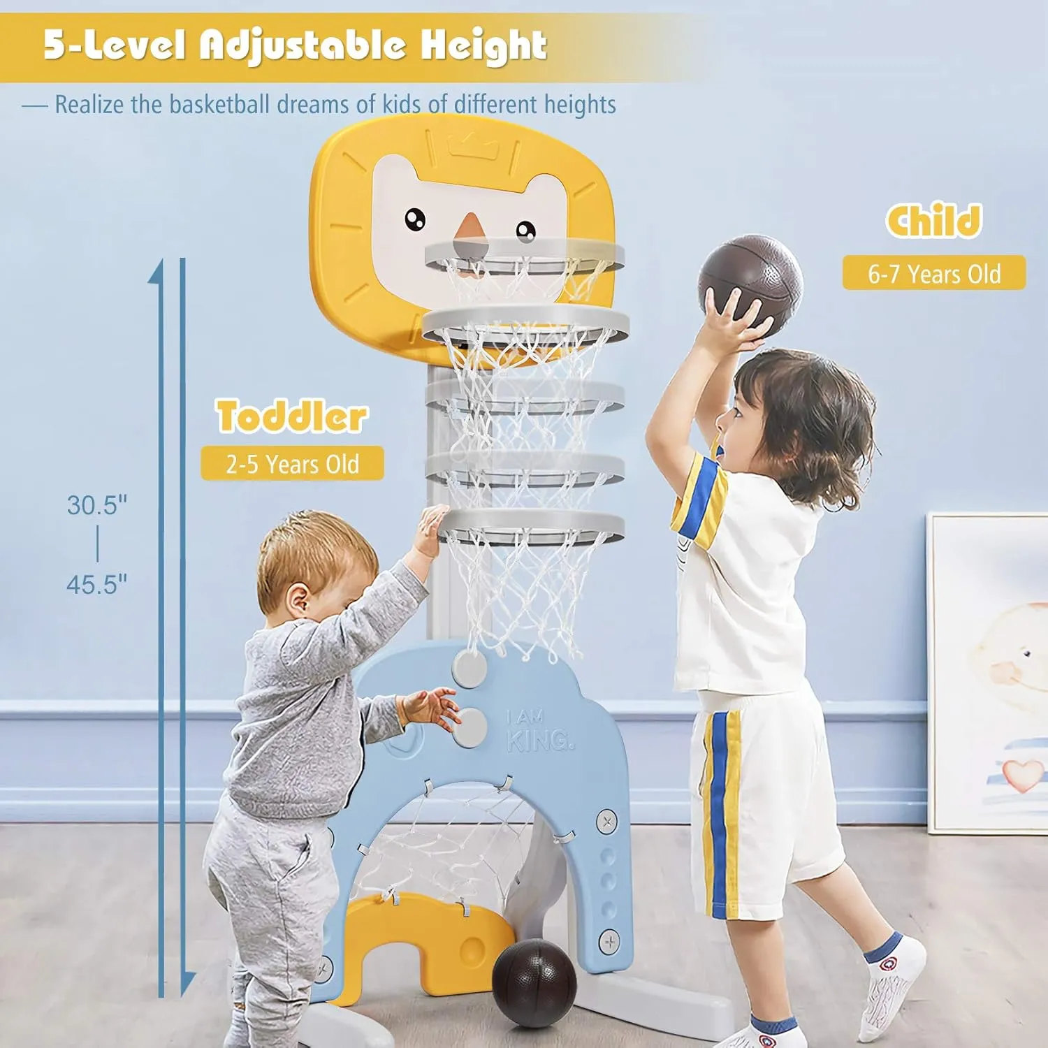 Costzon Kids Basketball Hoop, Toddler Sports Activity Center w/ 5 Adjustable Height Levels, Basketball Soccer Golf Game Set, Indoor Outdoor Basketball Hoop Set Best Gift for Baby Infant Yellow Lion