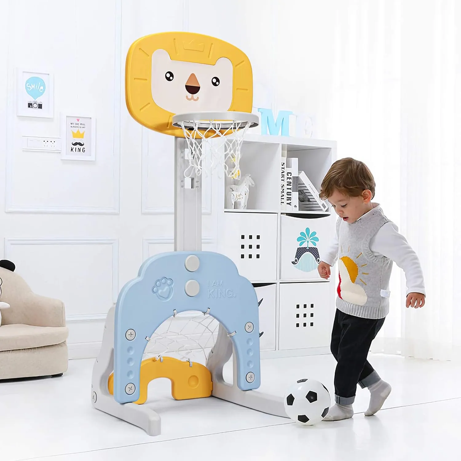Costzon Kids Basketball Hoop, Toddler Sports Activity Center w/ 5 Adjustable Height Levels, Basketball Soccer Golf Game Set, Indoor Outdoor Basketball Hoop Set Best Gift for Baby Infant Yellow Lion