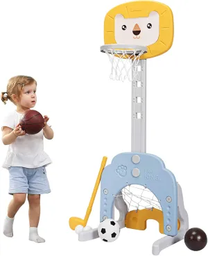 Costzon Kids Basketball Hoop, Toddler Sports Activity Center w/ 5 Adjustable Height Levels, Basketball Soccer Golf Game Set, Indoor Outdoor Basketball Hoop Set Best Gift for Baby Infant Yellow Lion