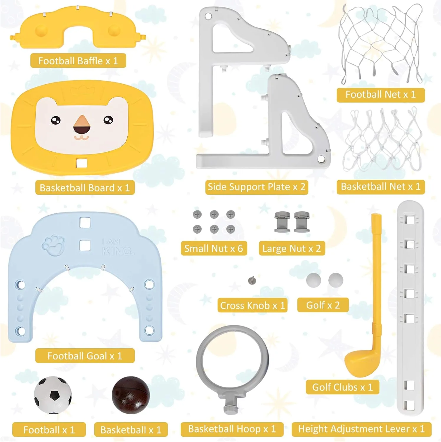 Costzon Kids Basketball Hoop, Toddler Sports Activity Center w/ 5 Adjustable Height Levels, Basketball Soccer Golf Game Set, Indoor Outdoor Basketball Hoop Set Best Gift for Baby Infant Yellow Lion