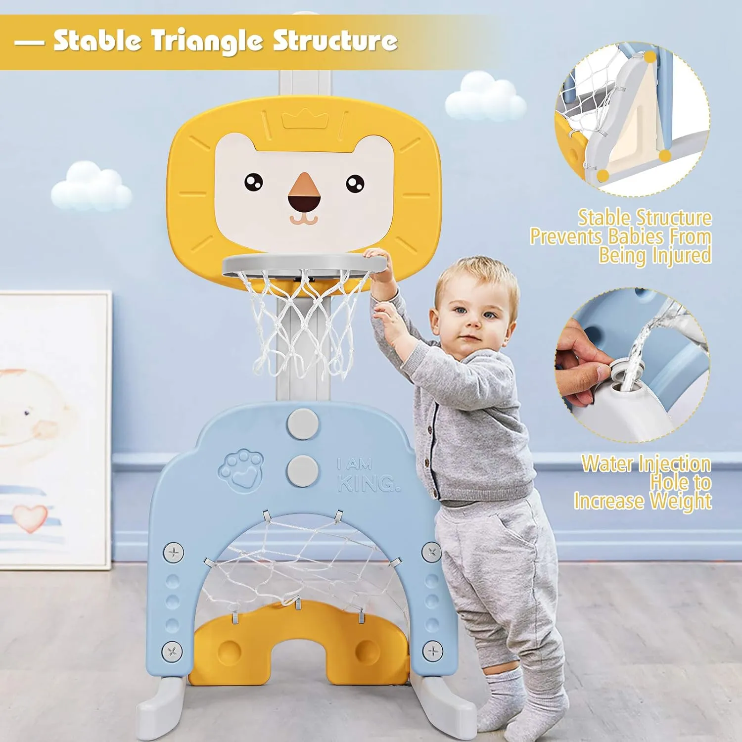 Costzon Kids Basketball Hoop, Toddler Sports Activity Center w/ 5 Adjustable Height Levels, Basketball Soccer Golf Game Set, Indoor Outdoor Basketball Hoop Set Best Gift for Baby Infant Yellow Lion