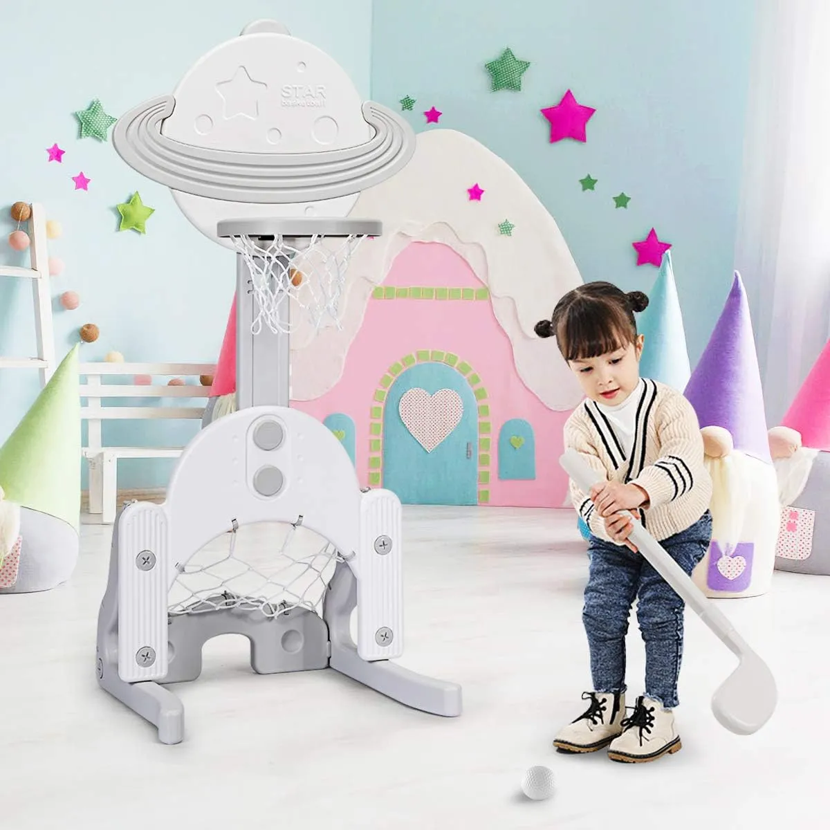 Costzon Kids Basketball Hoop, Toddler Sports Activity Center with 5 Adjustable Height Levels, Basketball Soccer Golf Game Set, Indoor Outdoor Basketball Hoop Set Best Gift for Baby Infant