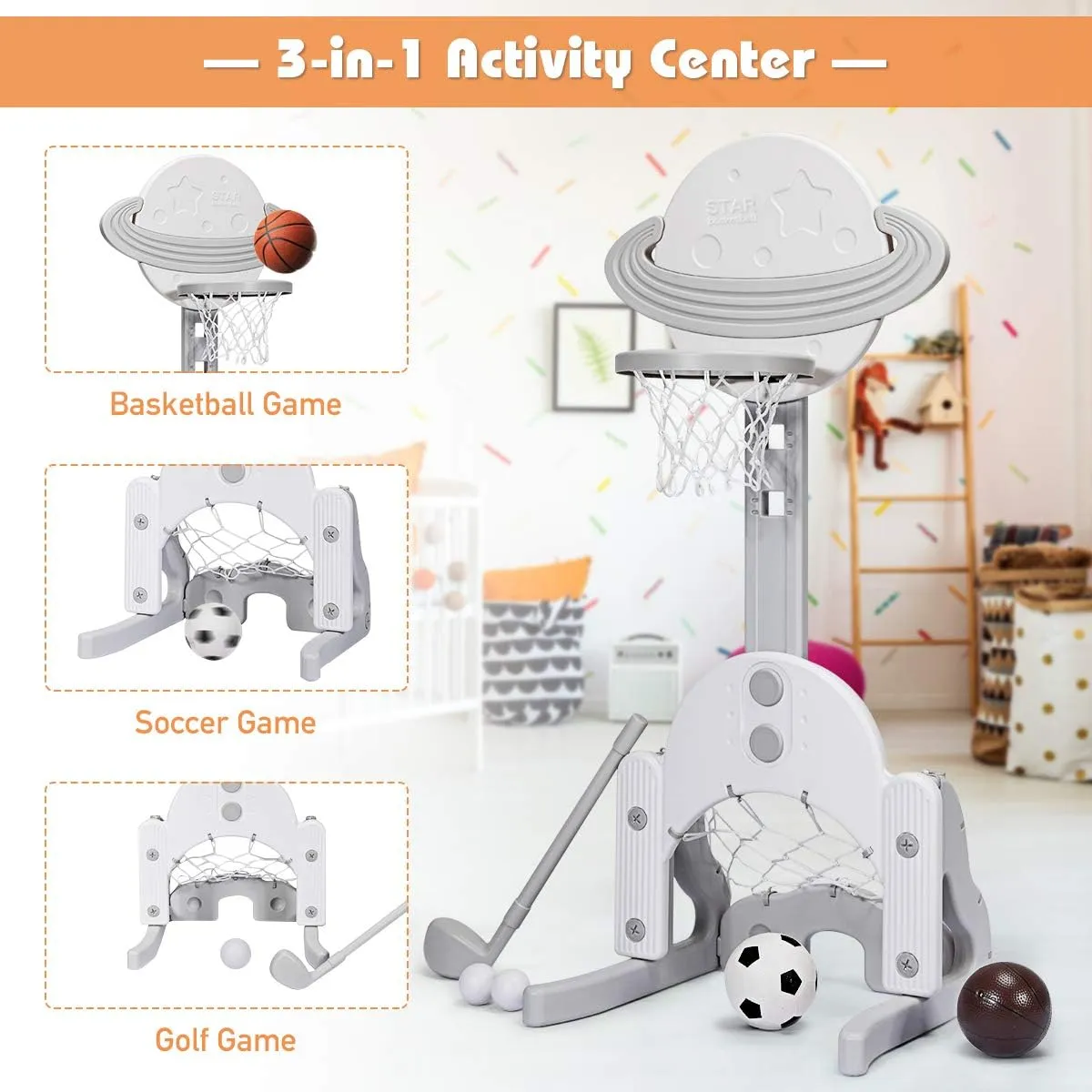 Costzon Kids Basketball Hoop, Toddler Sports Activity Center with 5 Adjustable Height Levels, Basketball Soccer Golf Game Set, Indoor Outdoor Basketball Hoop Set Best Gift for Baby Infant