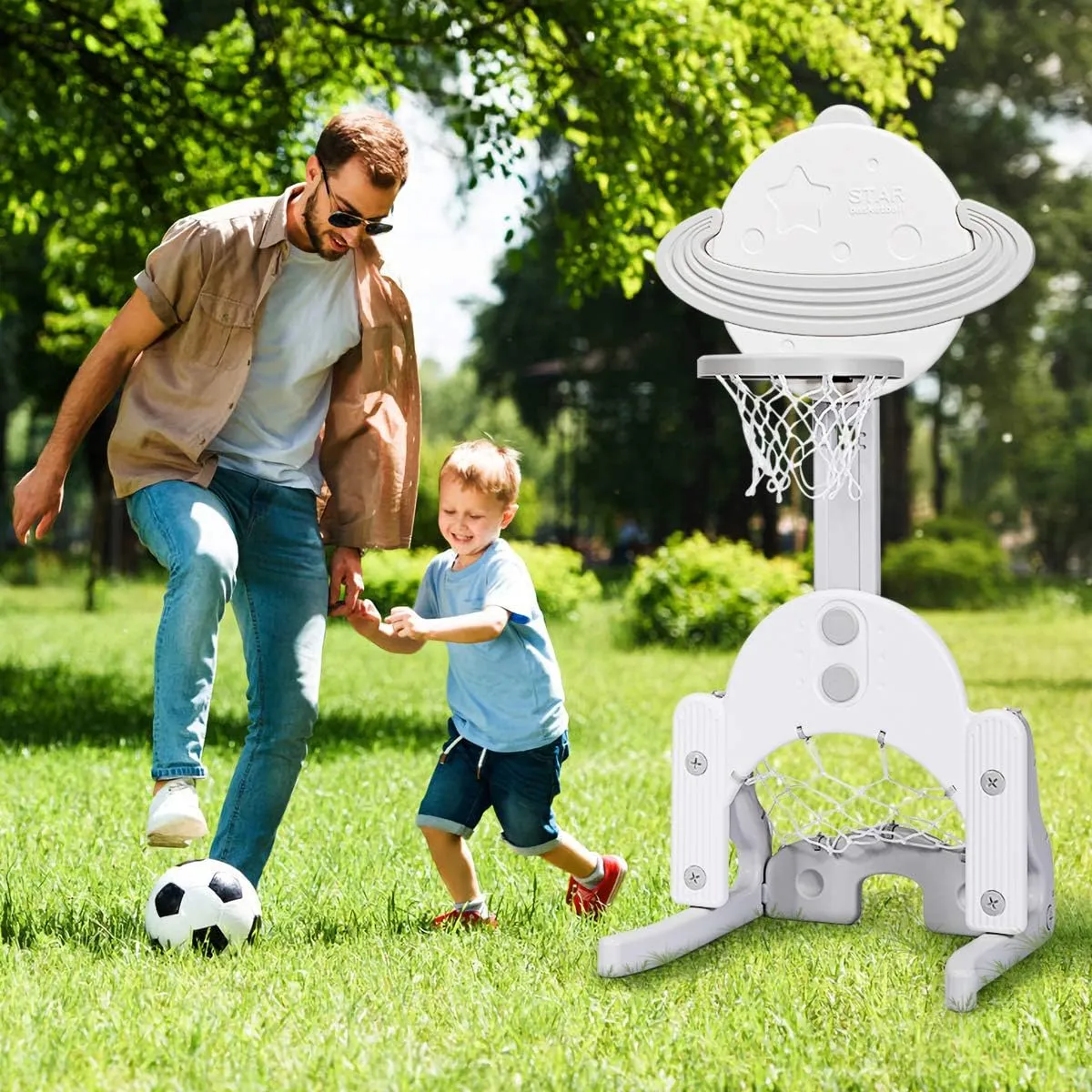 Costzon Kids Basketball Hoop, Toddler Sports Activity Center with 5 Adjustable Height Levels, Basketball Soccer Golf Game Set, Indoor Outdoor Basketball Hoop Set Best Gift for Baby Infant