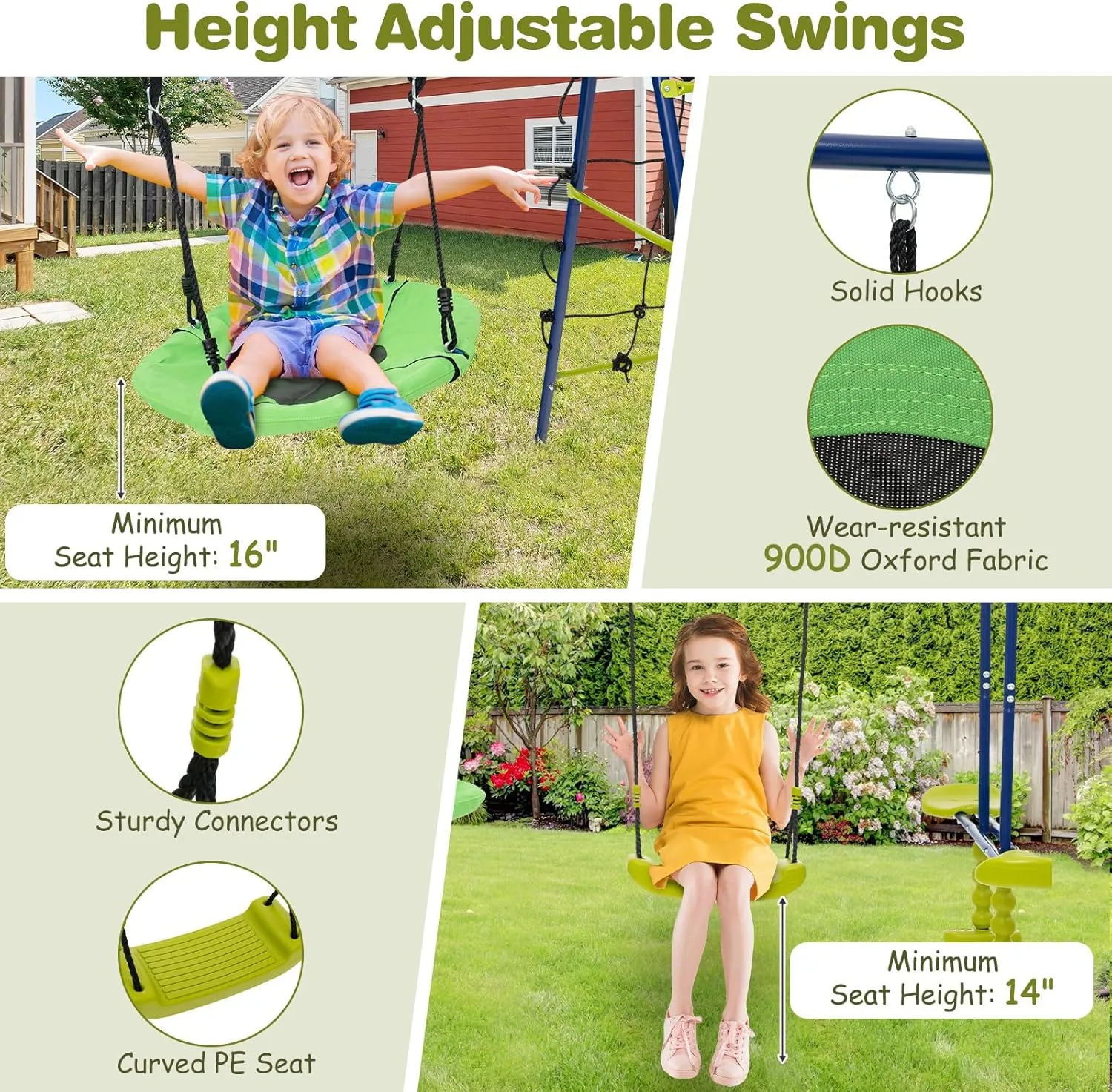Costzon Swing Sets for Backyard, 6 in 1 Heavy-Duty Metal Swing Set with 2 Swings, Glider, Basketball Hoop, Climbing Ladder and Net, Playground Sets for Backyards, Outdoor Playset for Kids 3  (Green)