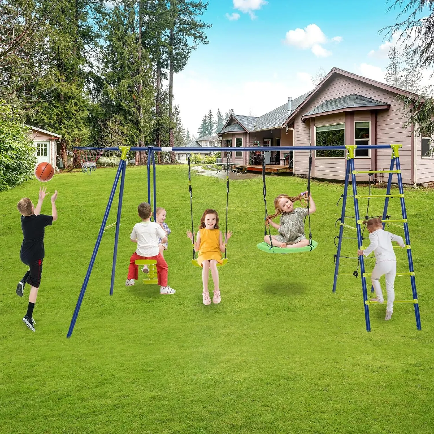 Costzon Swing Sets for Backyard, 6 in 1 Heavy-Duty Metal Swing Set with 2 Swings, Glider, Basketball Hoop, Climbing Ladder and Net, Playground Sets for Backyards, Outdoor Playset for Kids 3  (Green)