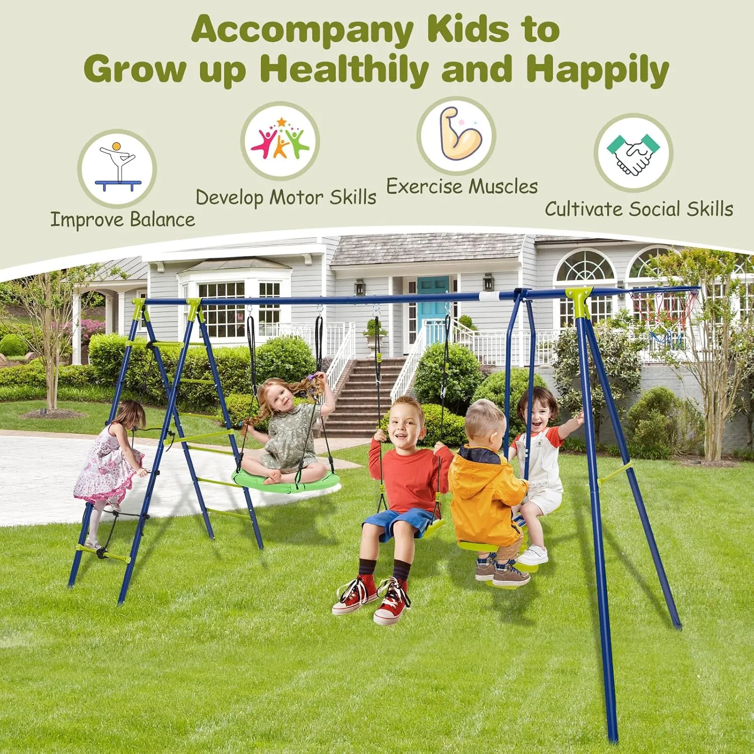 Costzon Swing Sets for Backyard, 6 in 1 Heavy-Duty Metal Swing Set with 2 Swings, Glider, Basketball Hoop, Climbing Ladder and Net, Playground Sets for Backyards, Outdoor Playset for Kids 3  (Green)