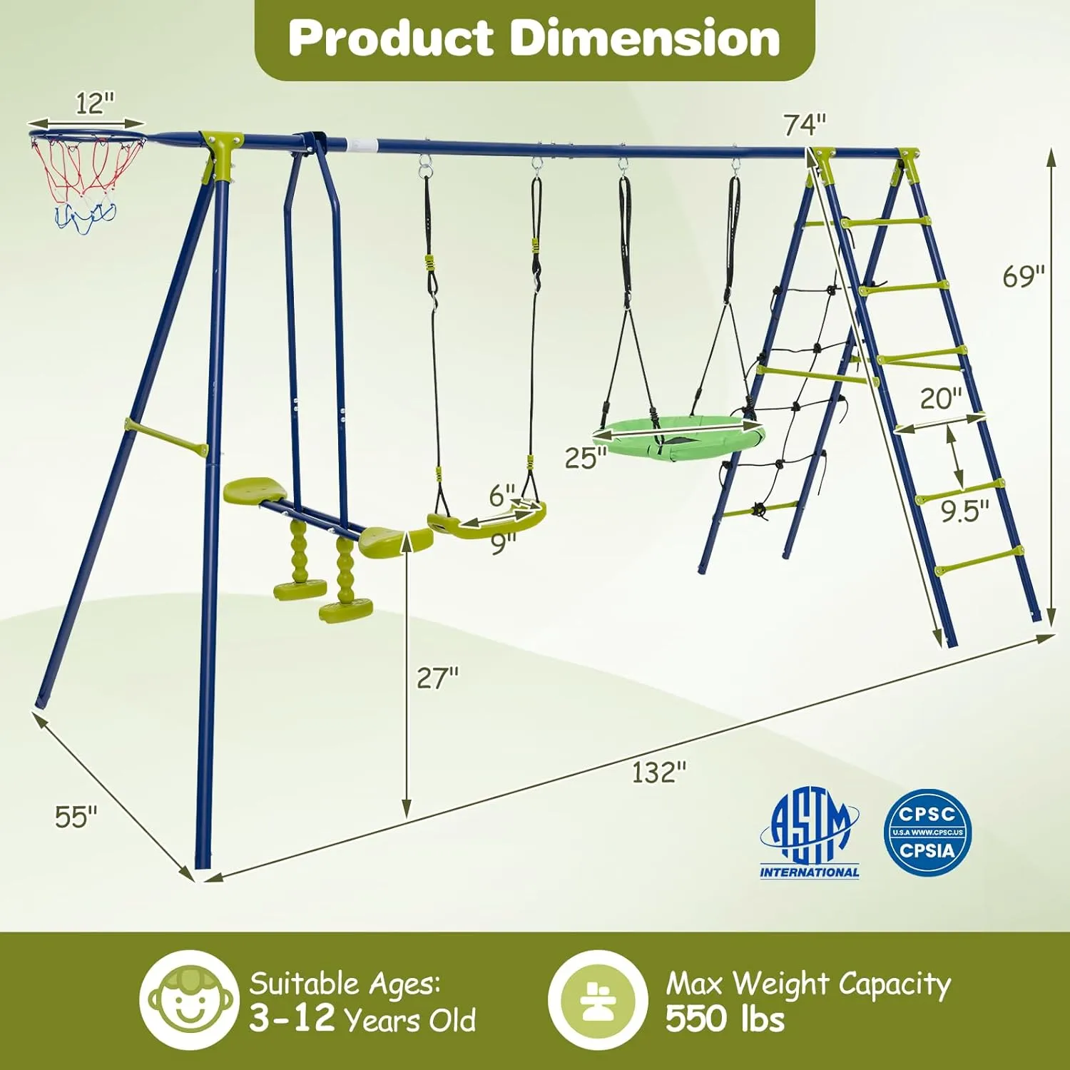 Costzon Swing Sets for Backyard, 6 in 1 Heavy-Duty Metal Swing Set with 2 Swings, Glider, Basketball Hoop, Climbing Ladder and Net, Playground Sets for Backyards, Outdoor Playset for Kids 3  (Green)