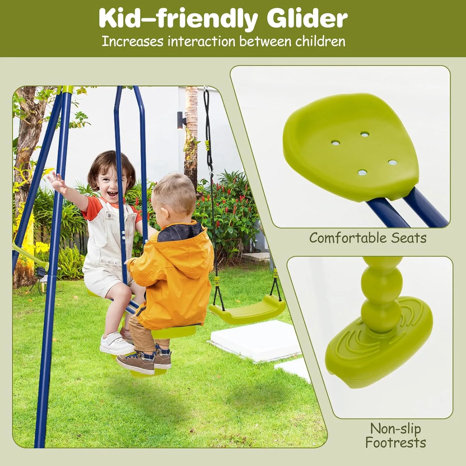 Costzon Swing Sets for Backyard, 6 in 1 Heavy-Duty Metal Swing Set with 2 Swings, Glider, Basketball Hoop, Climbing Ladder and Net, Playground Sets for Backyards, Outdoor Playset for Kids 3  (Green)