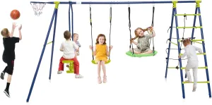 Costzon Swing Sets for Backyard, 6 in 1 Heavy-Duty Metal Swing Set with 2 Swings, Glider, Basketball Hoop, Climbing Ladder and Net, Playground Sets for Backyards, Outdoor Playset for Kids 3  (Green)