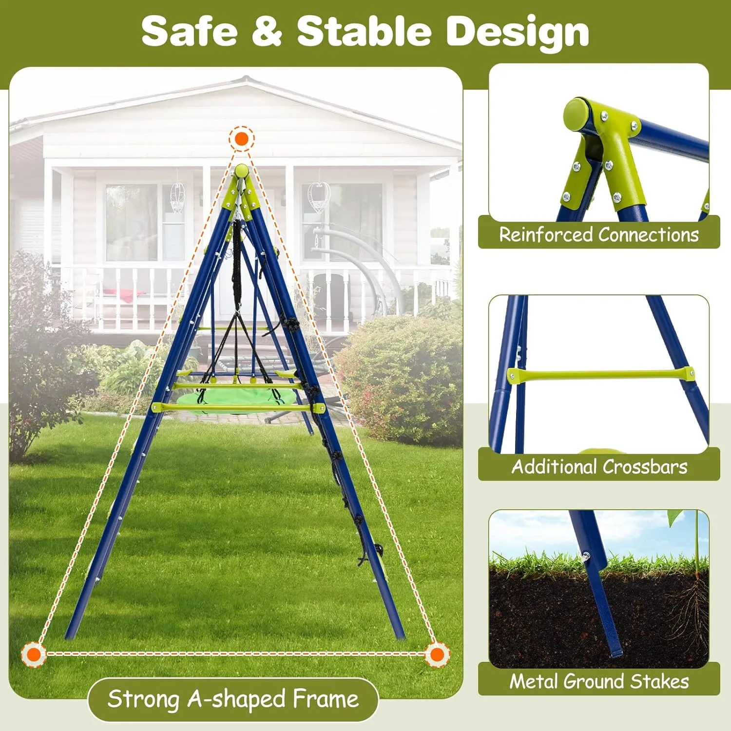 Costzon Swing Sets for Backyard, 6 in 1 Heavy-Duty Metal Swing Set with 2 Swings, Glider, Basketball Hoop, Climbing Ladder and Net, Playground Sets for Backyards, Outdoor Playset for Kids 3  (Green)
