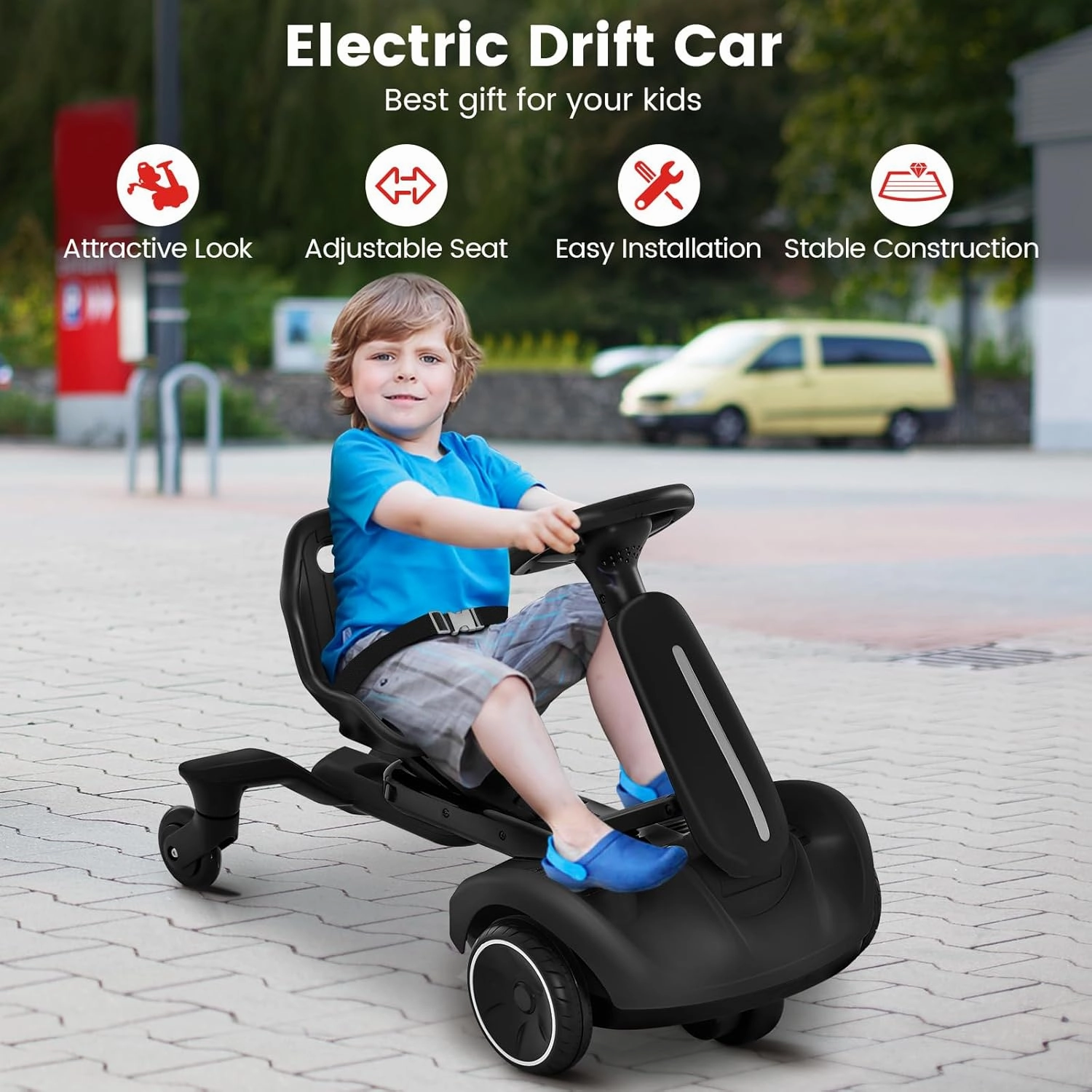 Costzon Ride on Drift Car, 6V Electric Ride-On Toy W/360-Degree Spin, 2-Position Adjustable Seat Up & Down/Front to Back, 2.6-3 MPH Max Speed, Horn & Engine, Drifting Go Kart for Kids 3  (Black)