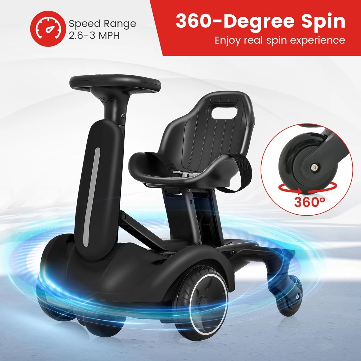 Costzon Ride on Drift Car, 6V Electric Ride-On Toy W/360-Degree Spin, 2-Position Adjustable Seat Up & Down/Front to Back, 2.6-3 MPH Max Speed, Horn & Engine, Drifting Go Kart for Kids 3  (Black)