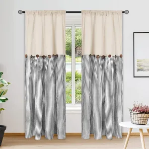 Cotton Linen Farmhouse Curtains Boho Rustic Button Curtains Natural and Dark Grey Stripe Color Block Curtain Rod Pocket & Back Tab Window Drapes for Bedroom Living Room(52 x 84 Inch, 2 Panels)