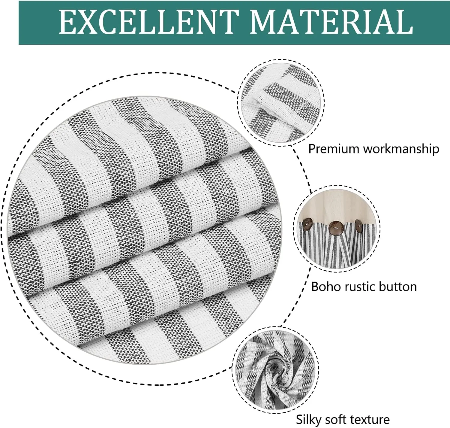 Cotton Linen Farmhouse Curtains Boho Rustic Button Curtains Natural and Dark Grey Stripe Color Block Curtain Rod Pocket & Back Tab Window Drapes for Bedroom Living Room(52 x 84 Inch, 2 Panels)