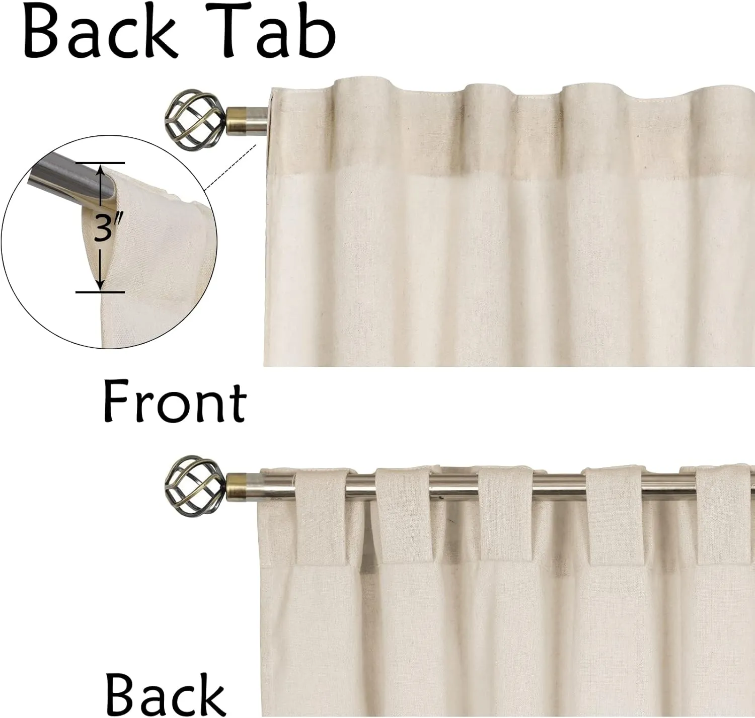 Cotton Linen Farmhouse Curtains Boho Rustic Button Curtains Natural and Dark Grey Stripe Color Block Curtain Rod Pocket & Back Tab Window Drapes for Bedroom Living Room(52 x 84 Inch, 2 Panels)