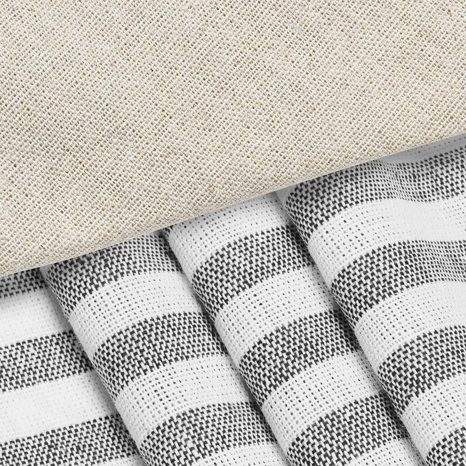 Cotton Linen Farmhouse Curtains Boho Rustic Button Curtains Natural and Dark Grey Stripe Color Block Curtain Rod Pocket & Back Tab Window Drapes for Bedroom Living Room(52 x 84 Inch, 2 Panels)