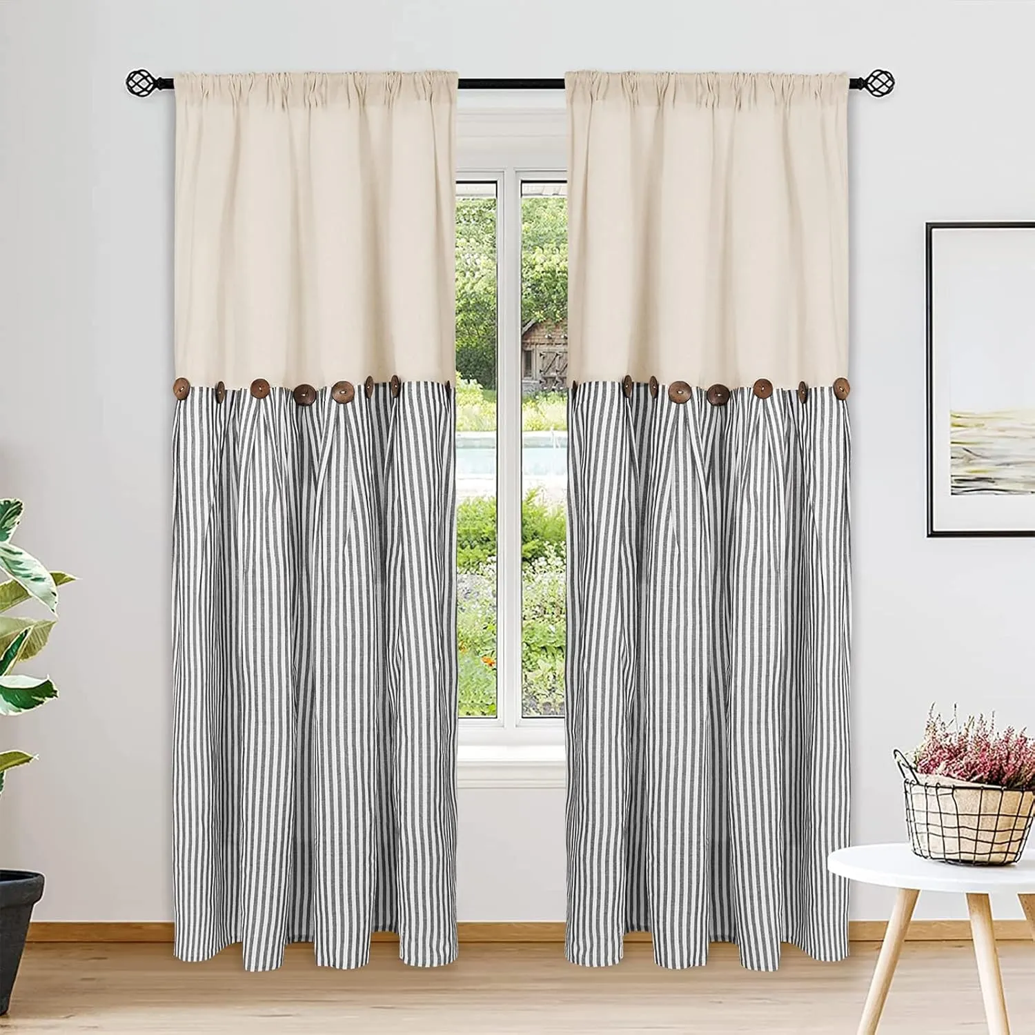 Cotton Linen Farmhouse Curtains Boho Rustic Button Curtains Natural and Dark Grey Stripe Color Block Curtain Rod Pocket & Back Tab Window Drapes for Bedroom Living Room(52 x 84 Inch, 2 Panels)
