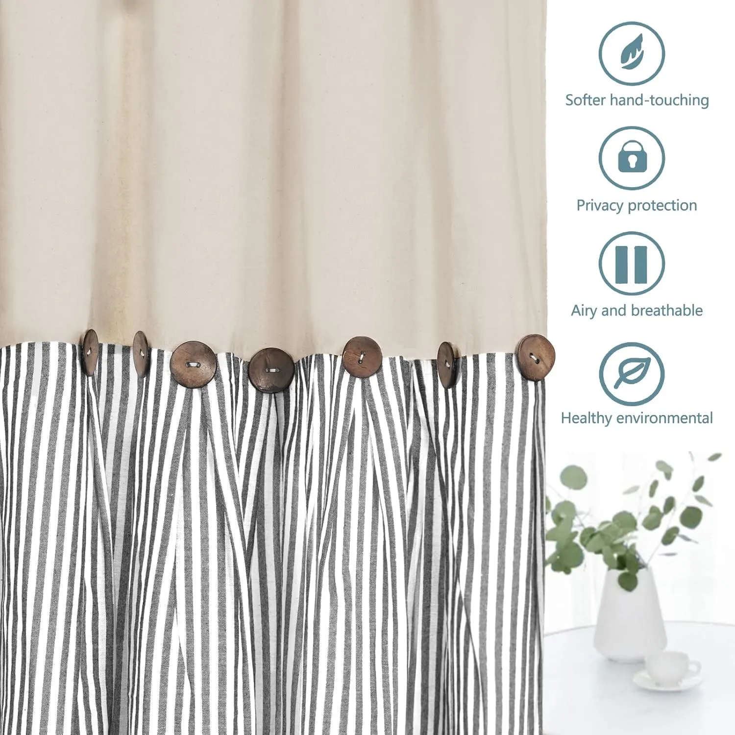 Cotton Linen Farmhouse Curtains Boho Rustic Button Curtains Natural and Dark Grey Stripe Color Block Curtain Rod Pocket & Back Tab Window Drapes for Bedroom Living Room(52 x 84 Inch, 2 Panels)