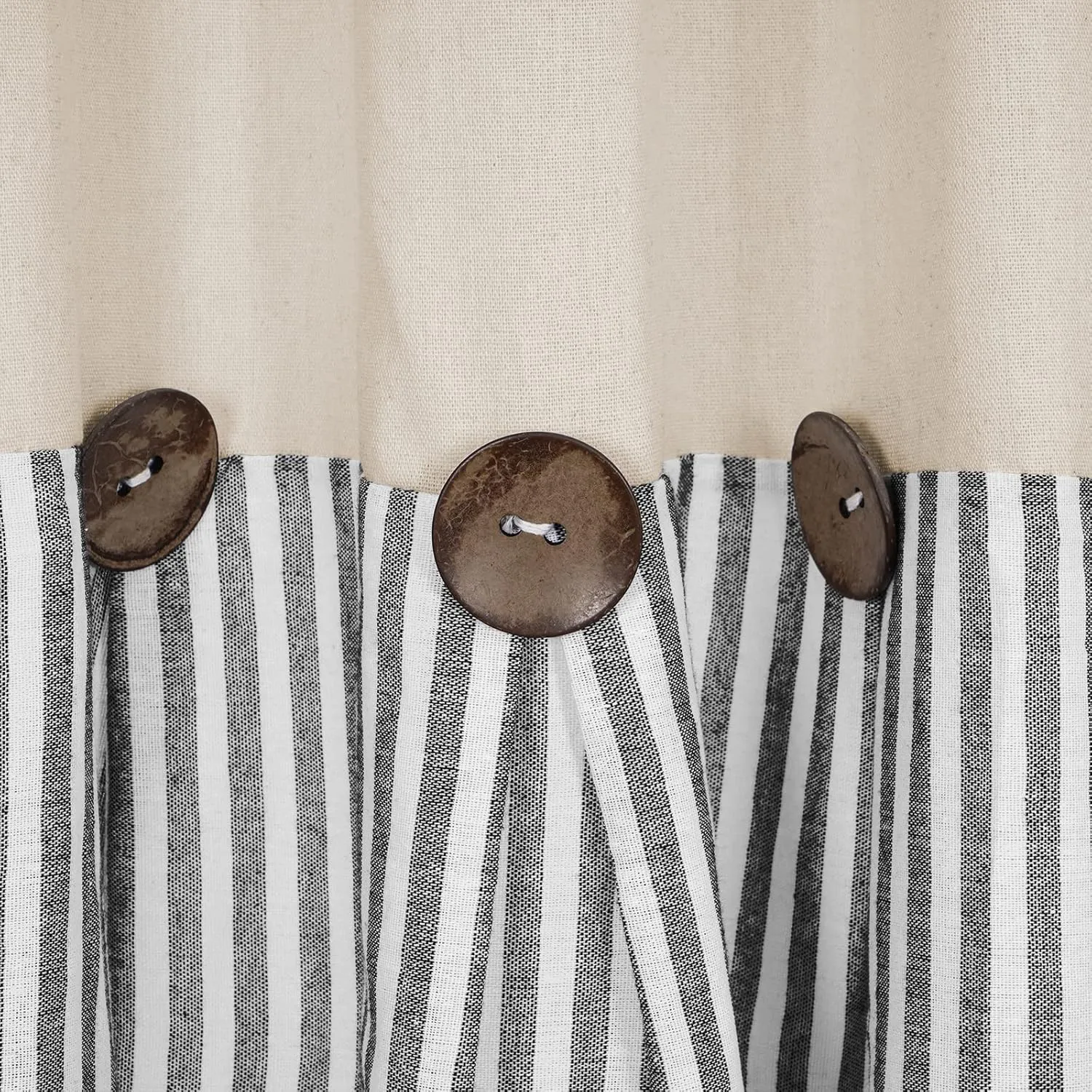 Cotton Linen Farmhouse Curtains Boho Rustic Button Curtains Natural and Dark Grey Stripe Color Block Curtain Rod Pocket & Back Tab Window Drapes for Bedroom Living Room(52 x 84 Inch, 2 Panels)