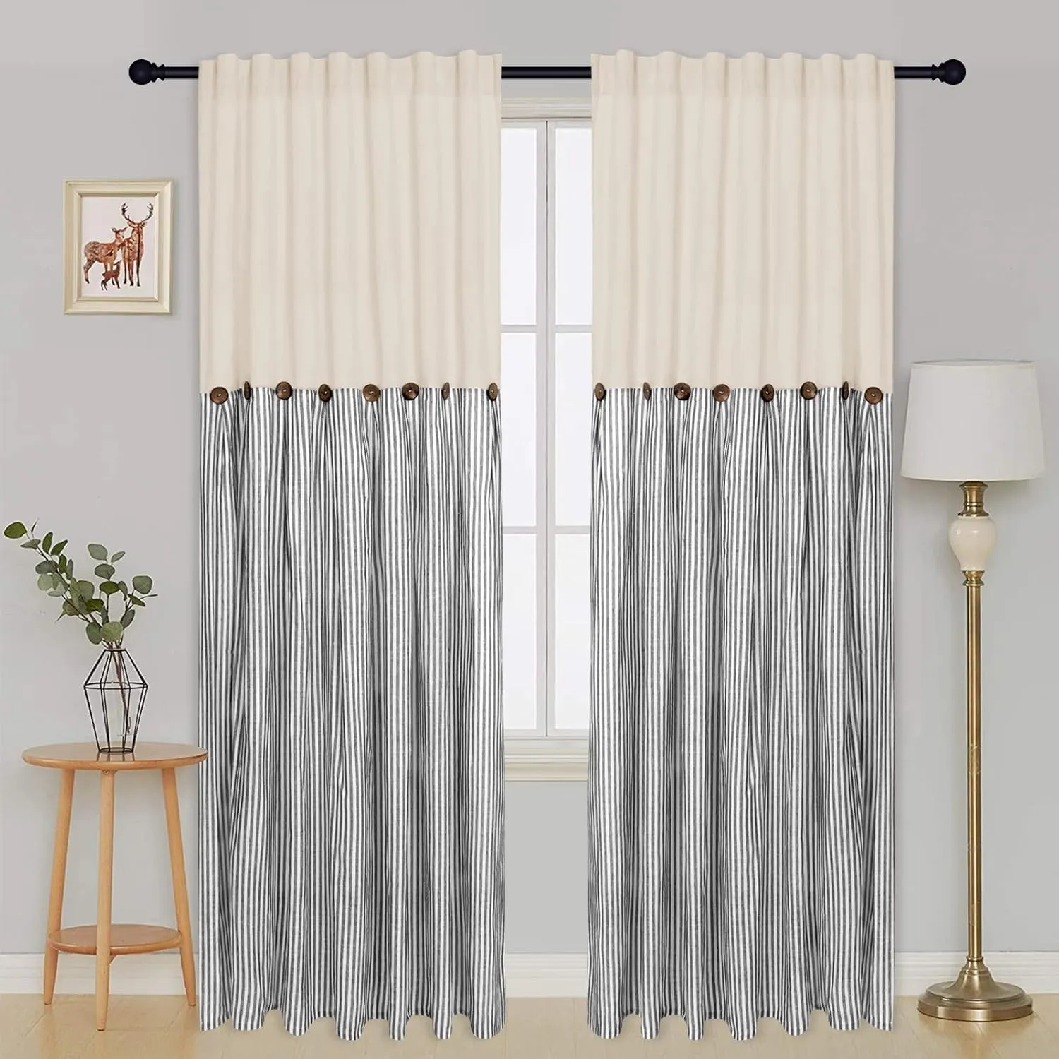 Cotton Linen Farmhouse Curtains Boho Rustic Button Curtains Natural and Dark Grey Stripe Color Block Curtain Rod Pocket & Back Tab Window Drapes for Bedroom Living Room(52 x 84 Inch, 2 Panels)