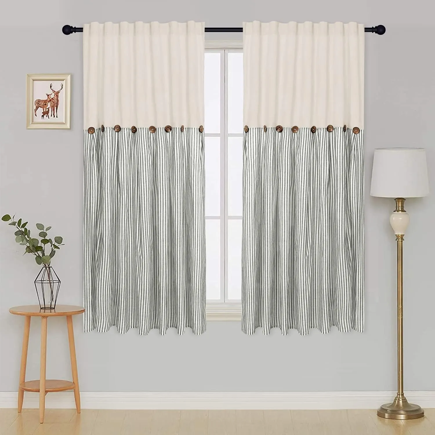 Cotton Linen Farmhouse Curtains Rustic Button Boho Curtains for Bedroom Rod Pocket & Back Tab Bohemian Curtains Natural/Sage Green Stripe Color Block Curtain for Living Room(52 x 63 Inch, 2 Panels)