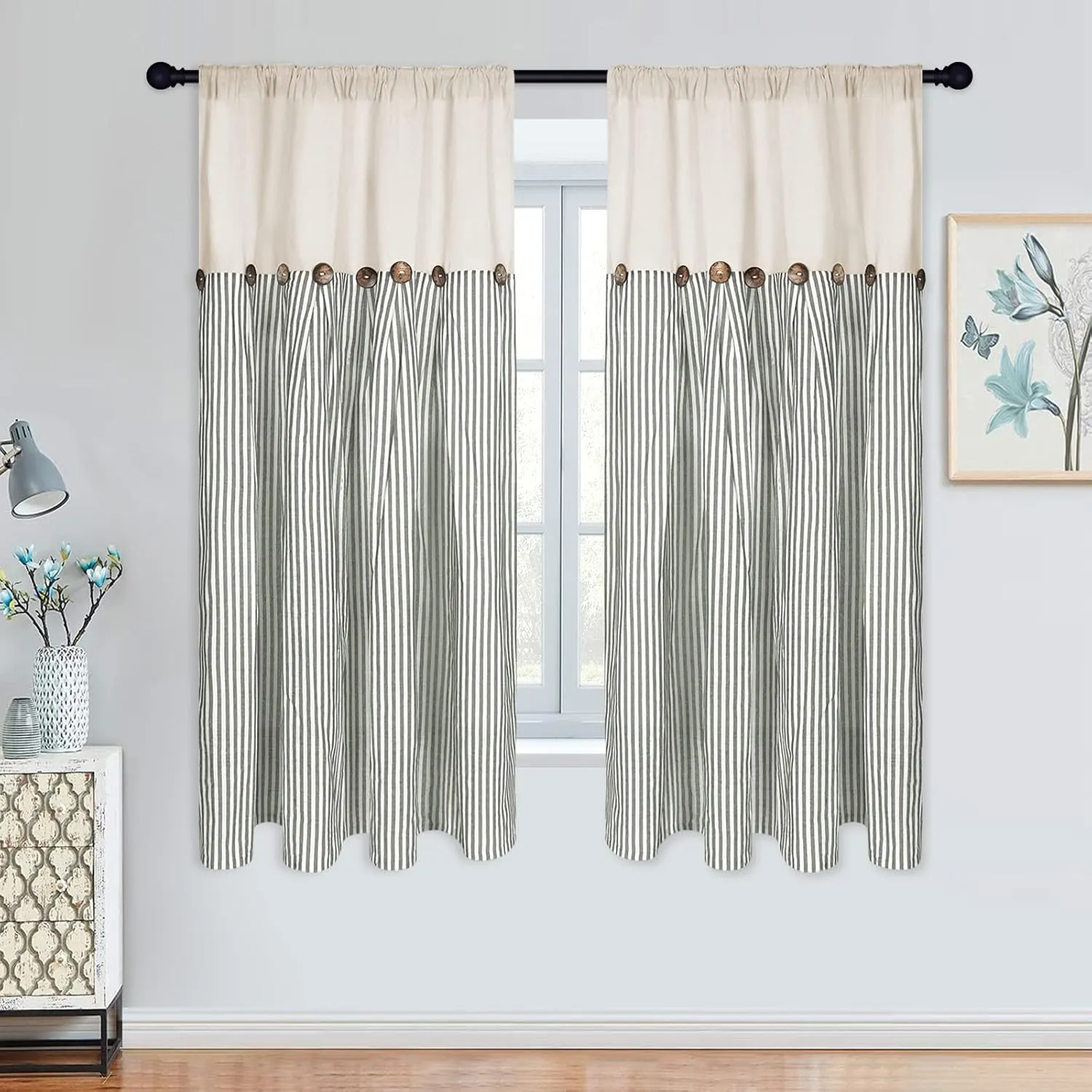 Cotton Linen Farmhouse Curtains Rustic Button Boho Curtains for Bedroom Rod Pocket & Back Tab Bohemian Curtains Natural/Sage Green Stripe Color Block Curtain for Living Room(52 x 63 Inch, 2 Panels)