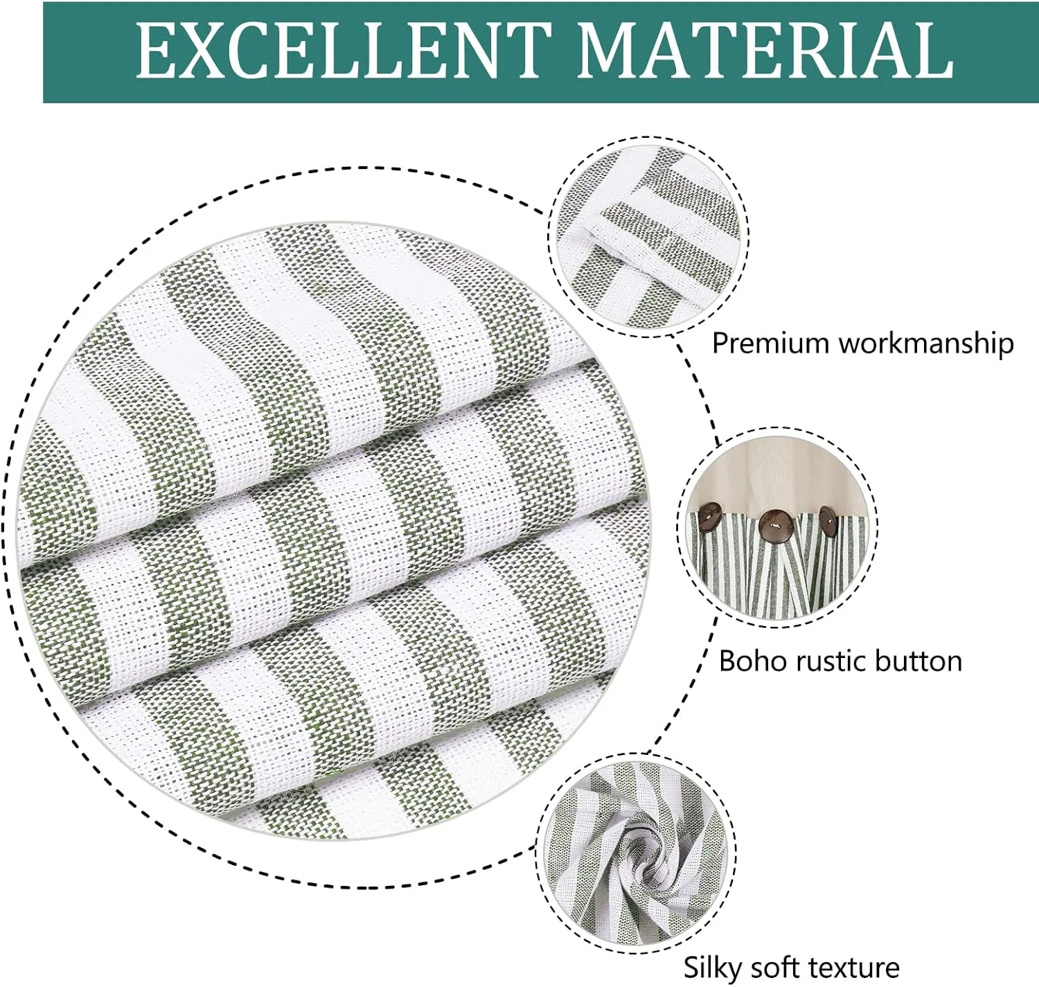Cotton Linen Farmhouse Curtains Rustic Button Boho Curtains for Bedroom Rod Pocket & Back Tab Bohemian Curtains Natural/Sage Green Stripe Color Block Curtain for Living Room(52 x 63 Inch, 2 Panels)
