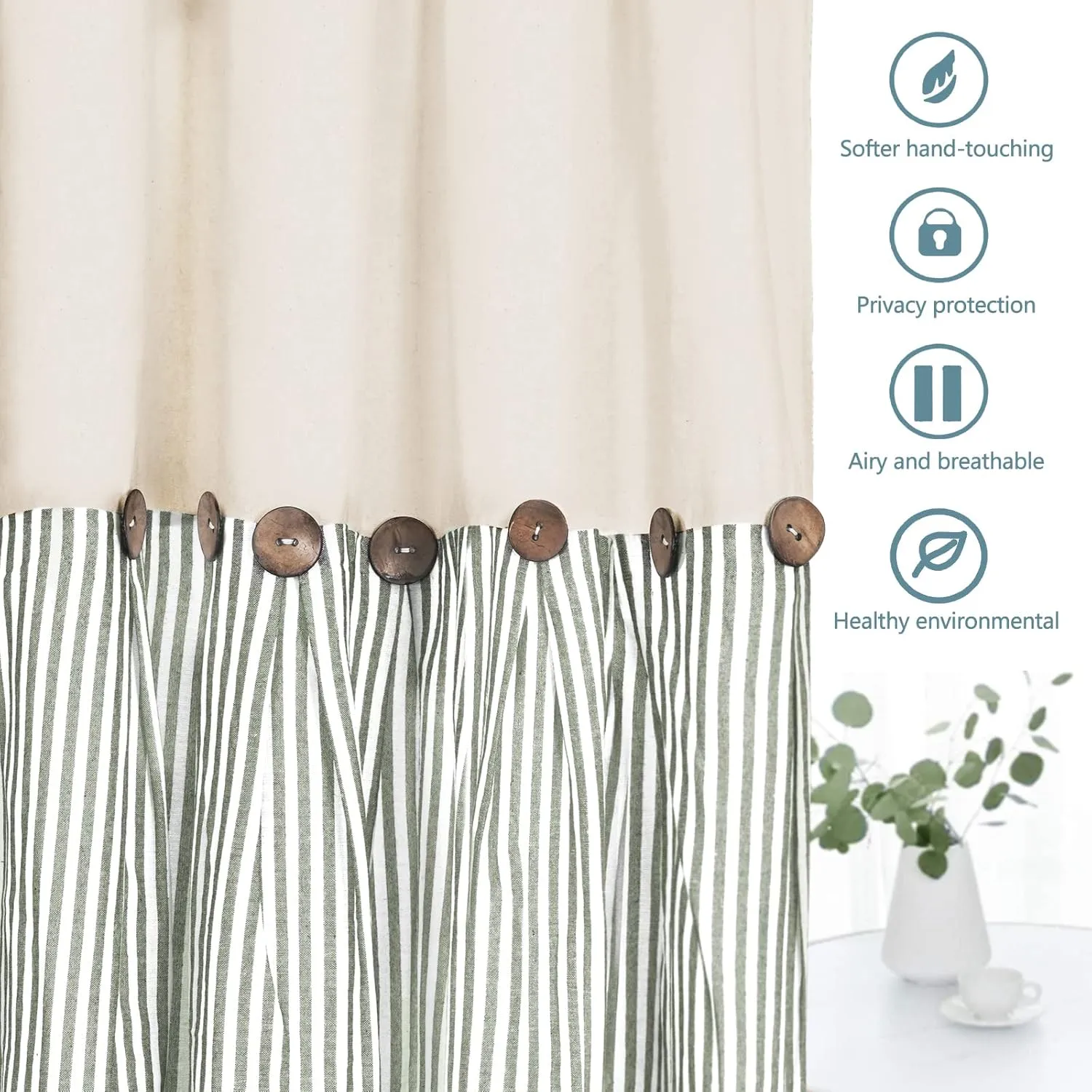 Cotton Linen Farmhouse Curtains Rustic Button Boho Curtains for Bedroom Rod Pocket & Back Tab Bohemian Curtains Natural/Sage Green Stripe Color Block Curtain for Living Room(52 x 63 Inch, 2 Panels)